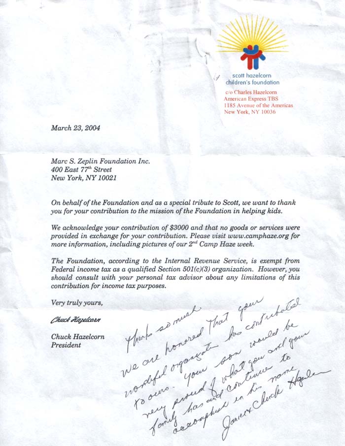 Letter from Scott Hazelcorn Children's Foundation